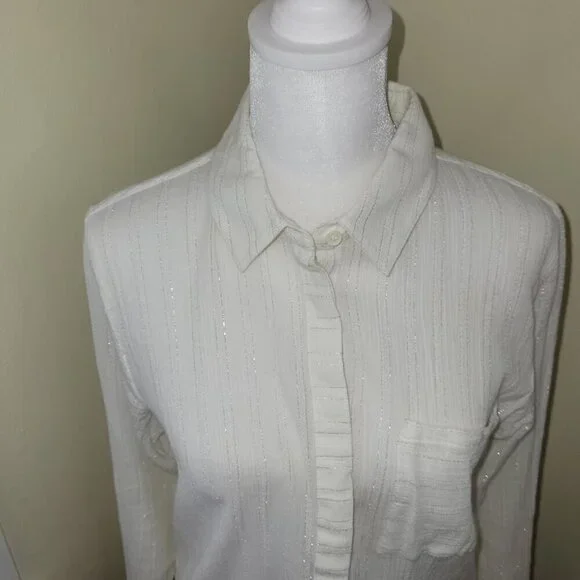 Treasure & Bond Button Up Blouse Ivory W/Silver Thread Collared Women's Size XS - Picture 3 of 15